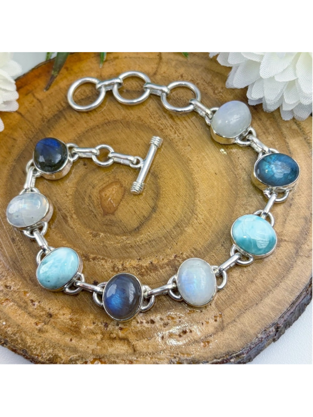 Multi Gemstone Bracelet Larimar Blue Labradorite Rainbow Moonstone Handmade 925